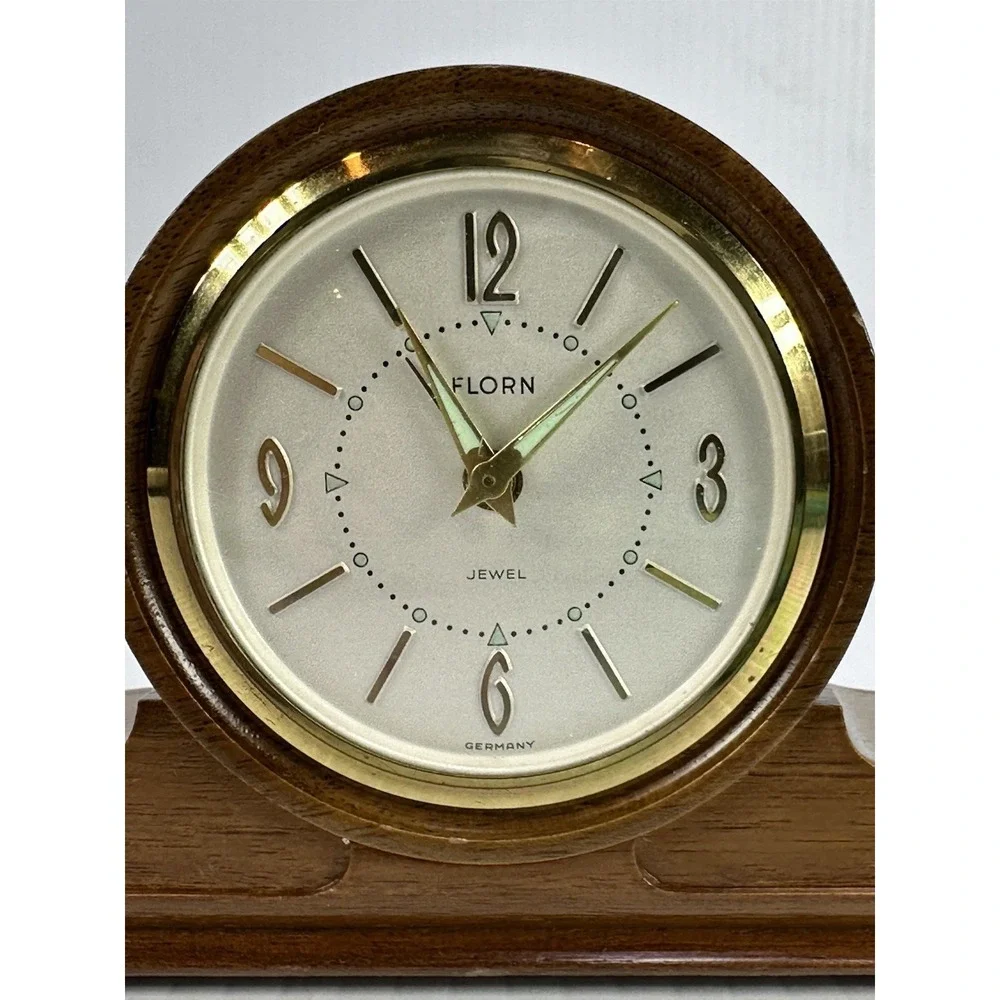 VTG Florn Germany Wood Brass Alarm Clock‎ Luminous Hands Works Intermittently